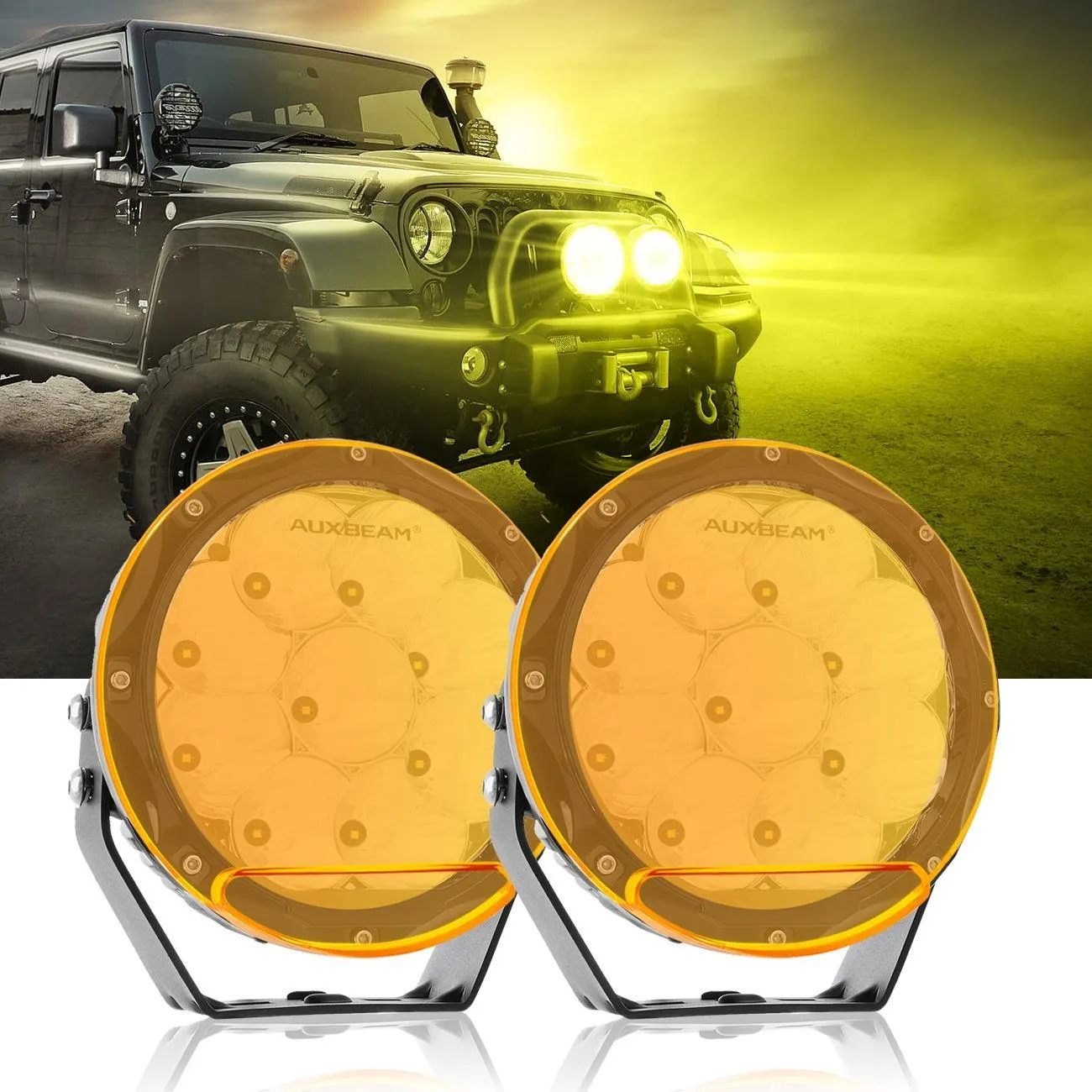 (2pcs/set) 7 Inch 90W Round Spot Beam Offroad LED Driving Lights w/ SAE Compliant Amber/Black Covers(Optional)