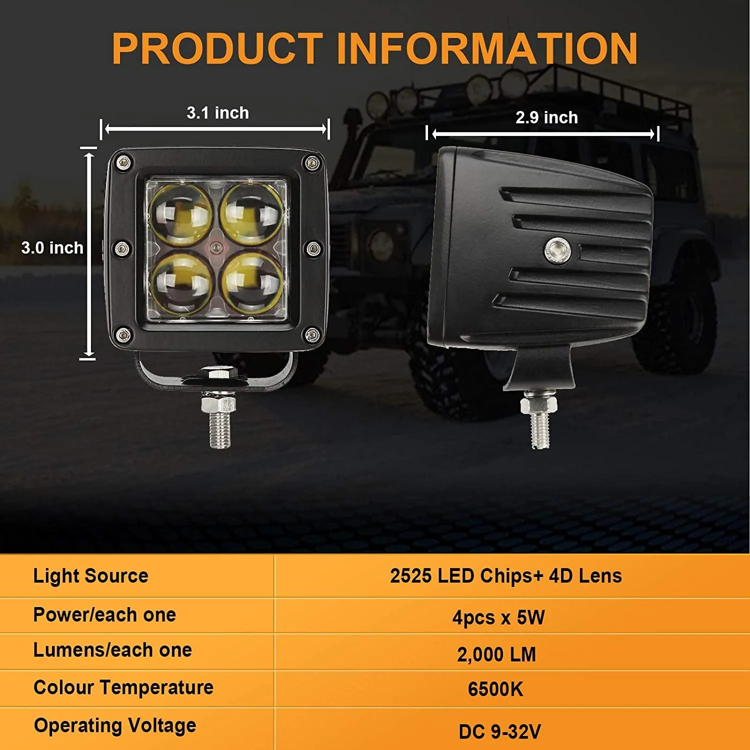 3''40W 4D HYPERSPOT Spot Square LED Pods Light for SUV ATV UTV Trucks Pickup Boat