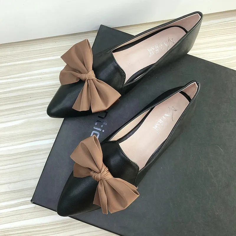 Advbridge  -  Women Flats with Big Bow Black Flat Shoes Dressy Comfort Nice Quality Beige Slipons Solid Color Summer Girl's Leather Shoes