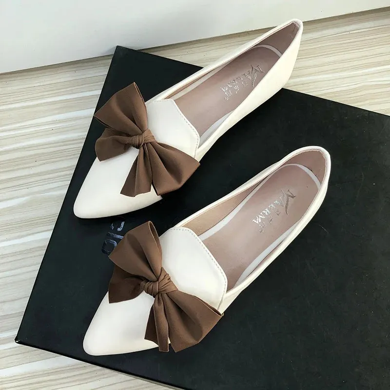 Advbridge  -  Women Flats with Big Bow Black Flat Shoes Dressy Comfort Nice Quality Beige Slipons Solid Color Summer Girl's Leather Shoes