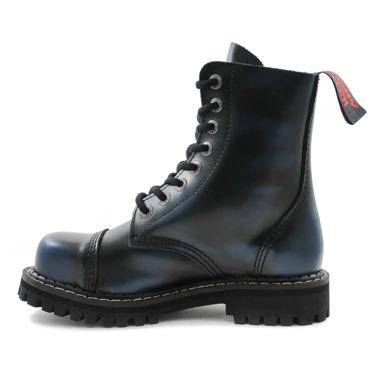 Angry Itch 8 Eyelet Boots with Steel Toe Cap Blue Rub Off Leather