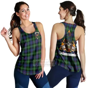 Baillie (Bailey) Tartan Women's Racerback Tanks with Family Crest and Bearded Skull Holding Bottles of Whiskey