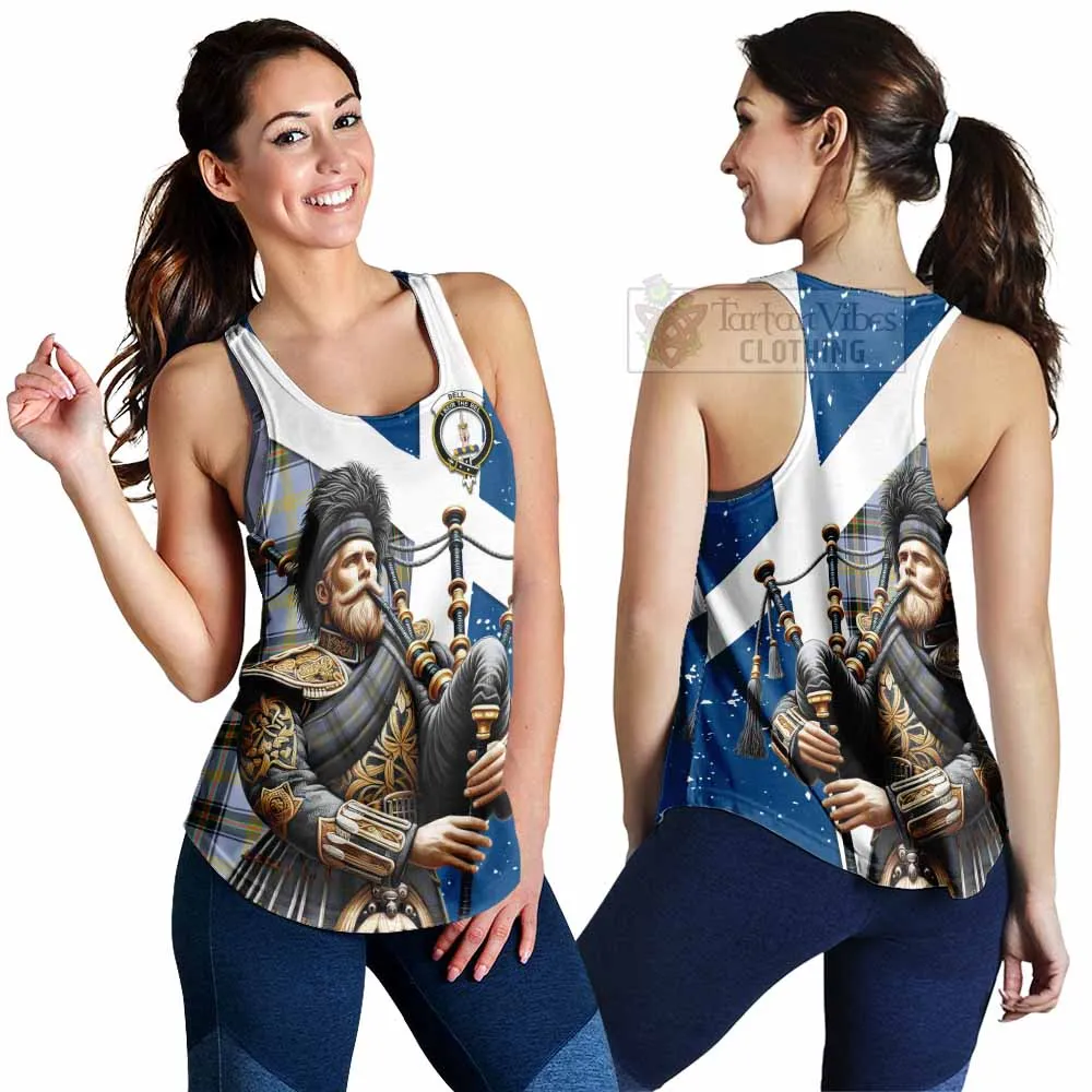 Bell Tartan Women's Racerback Tanks with Family Crest Scottish Bagpiper Vibes