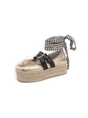 Belted Leather Platform Ankle-Wrap Espadrille Flat - Gold