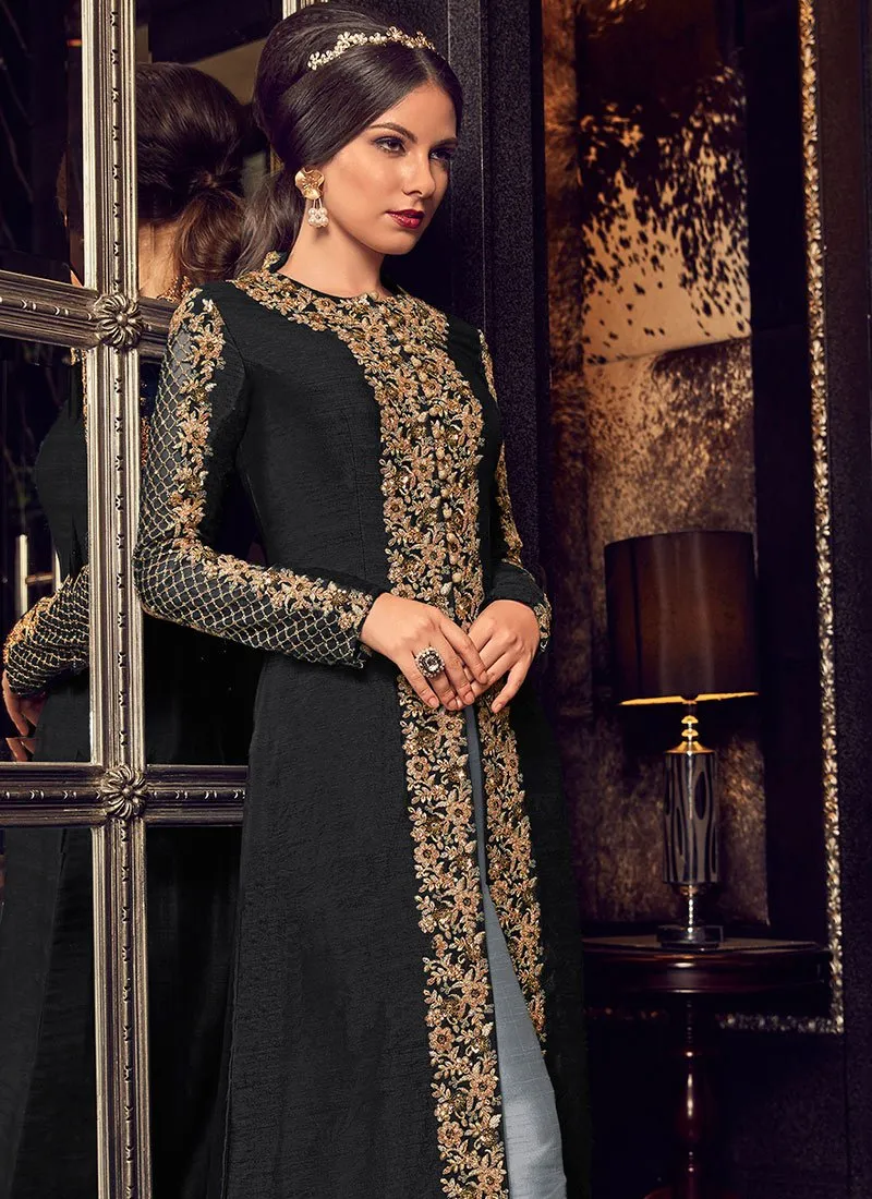 Black And Light Blue Traditional Embroidered Anarkali Suit