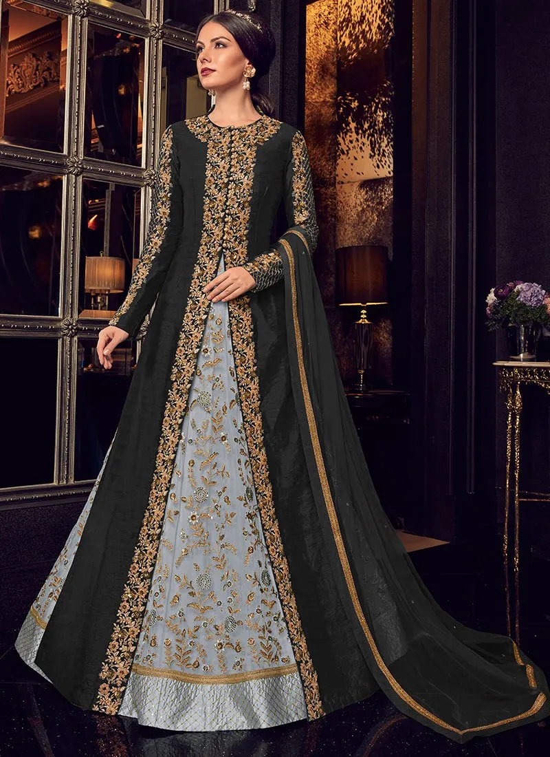 Black And Light Blue Traditional Embroidered Anarkali Suit