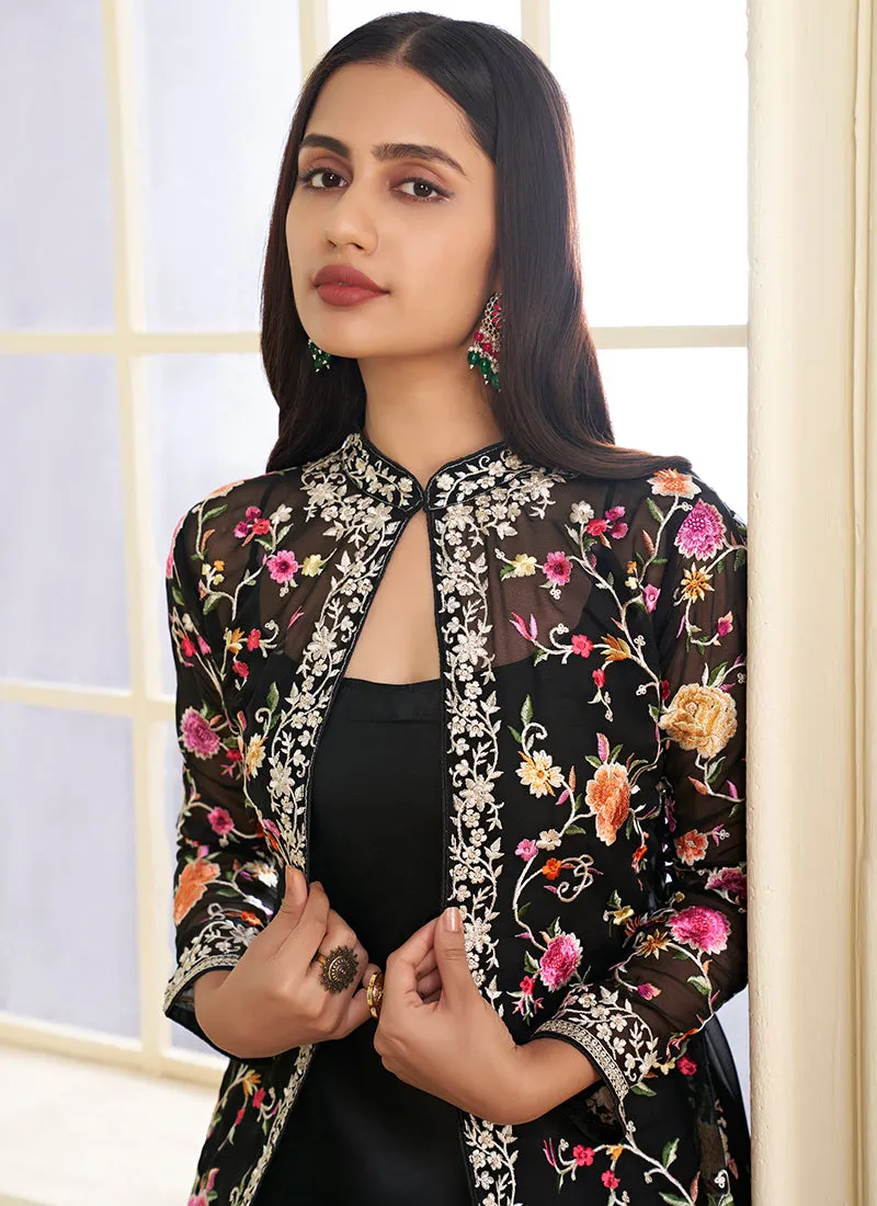 Black Multi Floral Embroidery Jacket Style Pant Suit