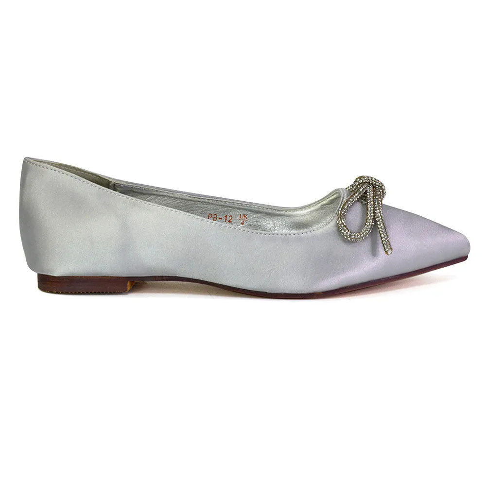 Blossom Diamante Bow Detail Pointed Toe Ballerina Pumps in Ivory