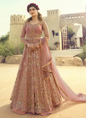 Blush Pink Golden Slit Anarkali Lehenga Suit