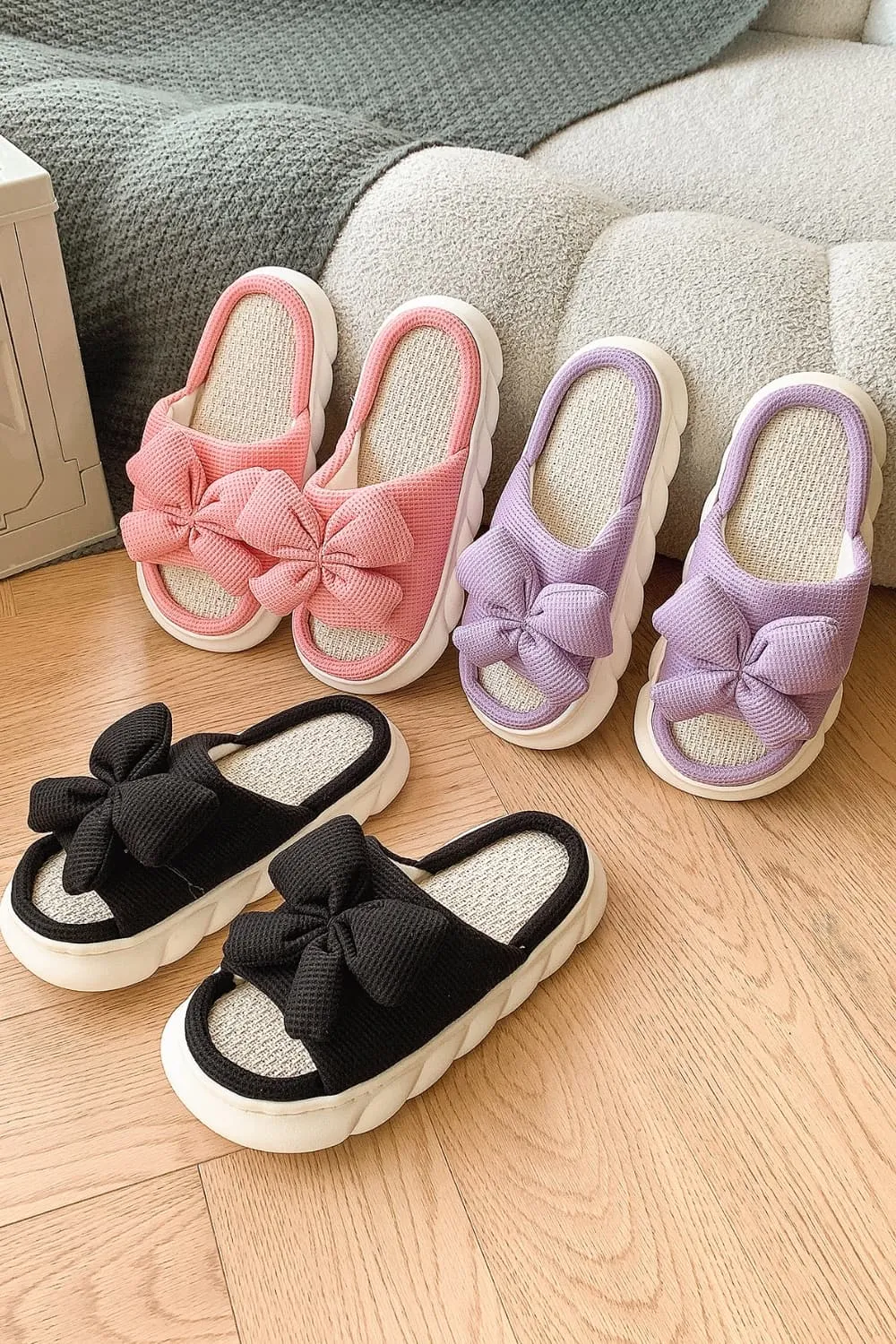 Bow Waffle-Knit Platform Slippers