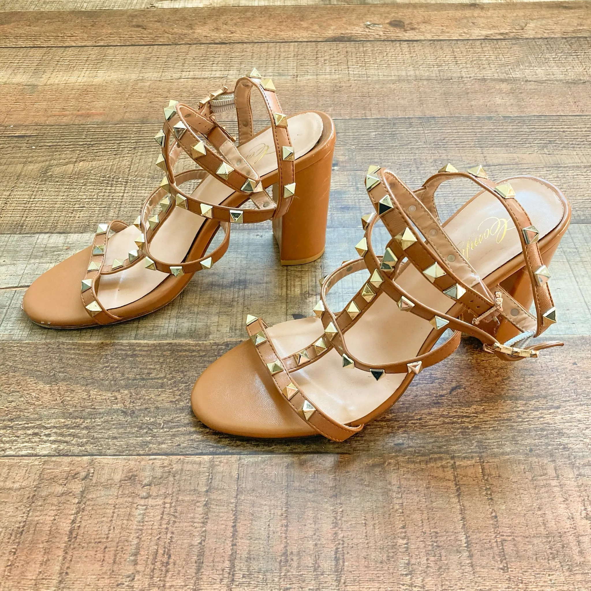 Comfity Camel Studded Ankle Strap Block Heel Sandals- Size 8.5 (see notes)