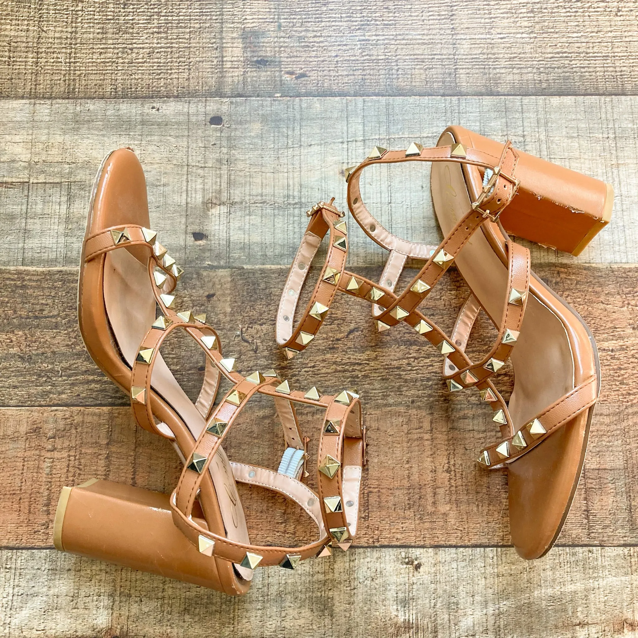 Comfity Camel Studded Ankle Strap Block Heel Sandals- Size 8.5 (see notes)