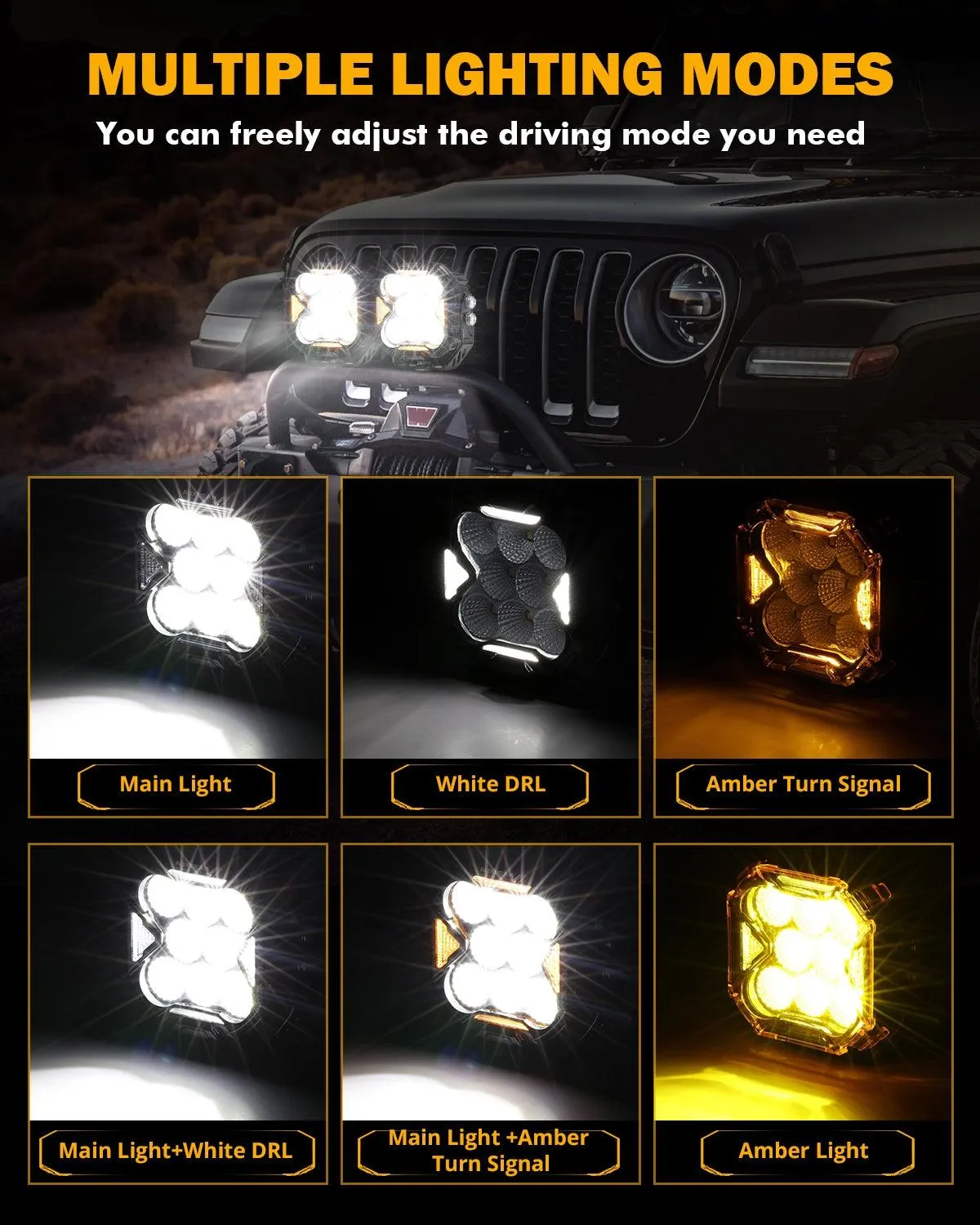 CUBE-Z Series 4 Inch Flood LED Pod Lights Off Road Lights with White DRL & Amber Turn Signal Lights