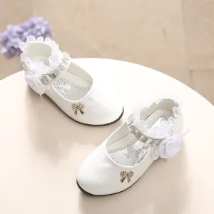 Cute Girls' Bow-Knot Trim Lace PU Princess Shoes With Rose Shape Buckle