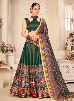 Dark Green Digital Printed Silk Lehenga Choli