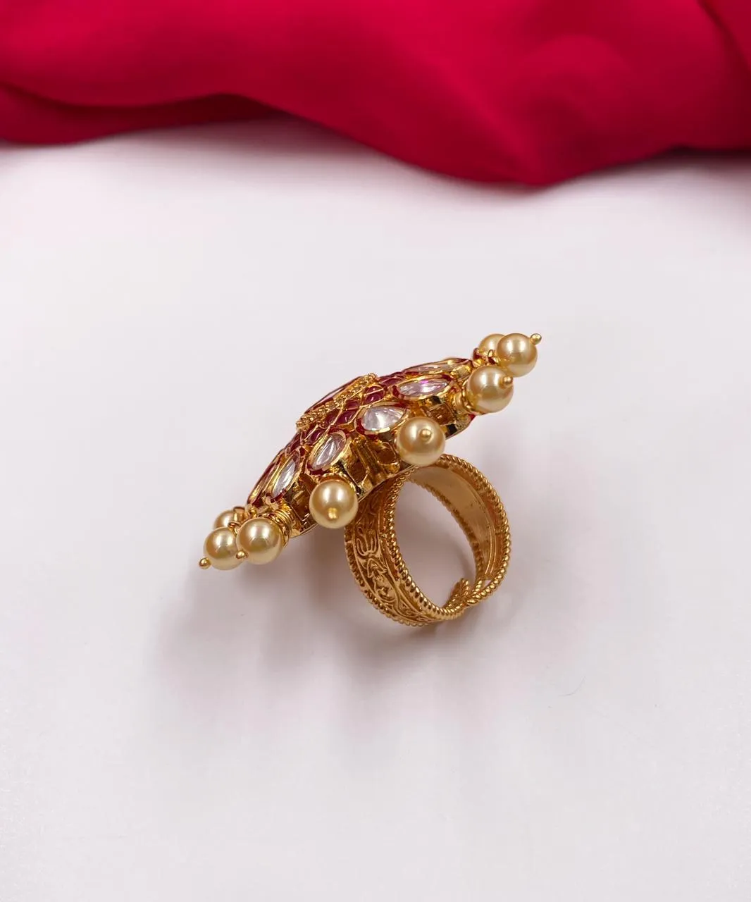 Designer Big Size Adjustable Rotating Bridal Kundan Finger Ring By Gehna Shop