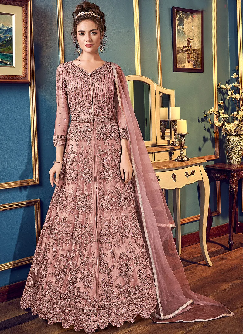 Dusky Pink Multi Embroidered Slit Style Anarkali Lehenga Suit