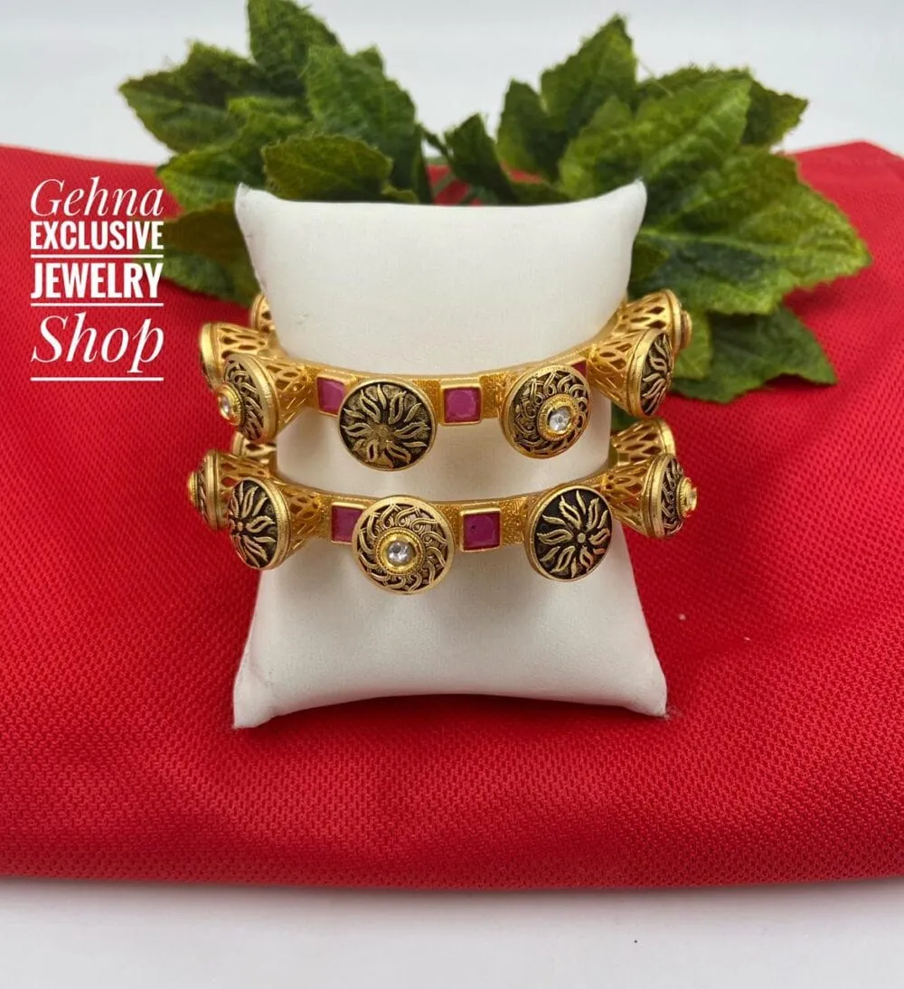 Ethnic Ruby Kundan Antique Golden Pacheli Bangles By Gehna Shop