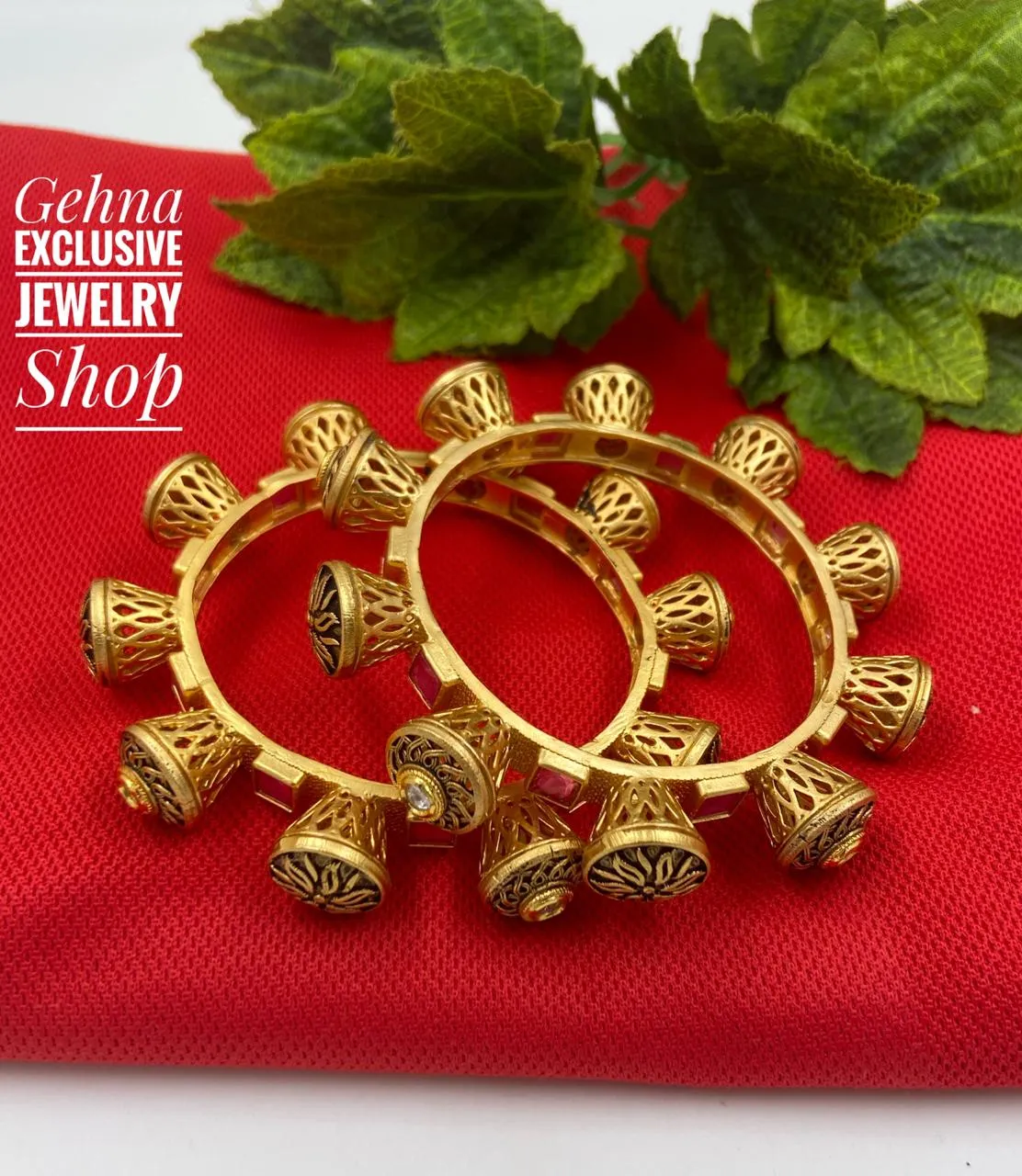 Ethnic Ruby Kundan Antique Golden Pacheli Bangles By Gehna Shop