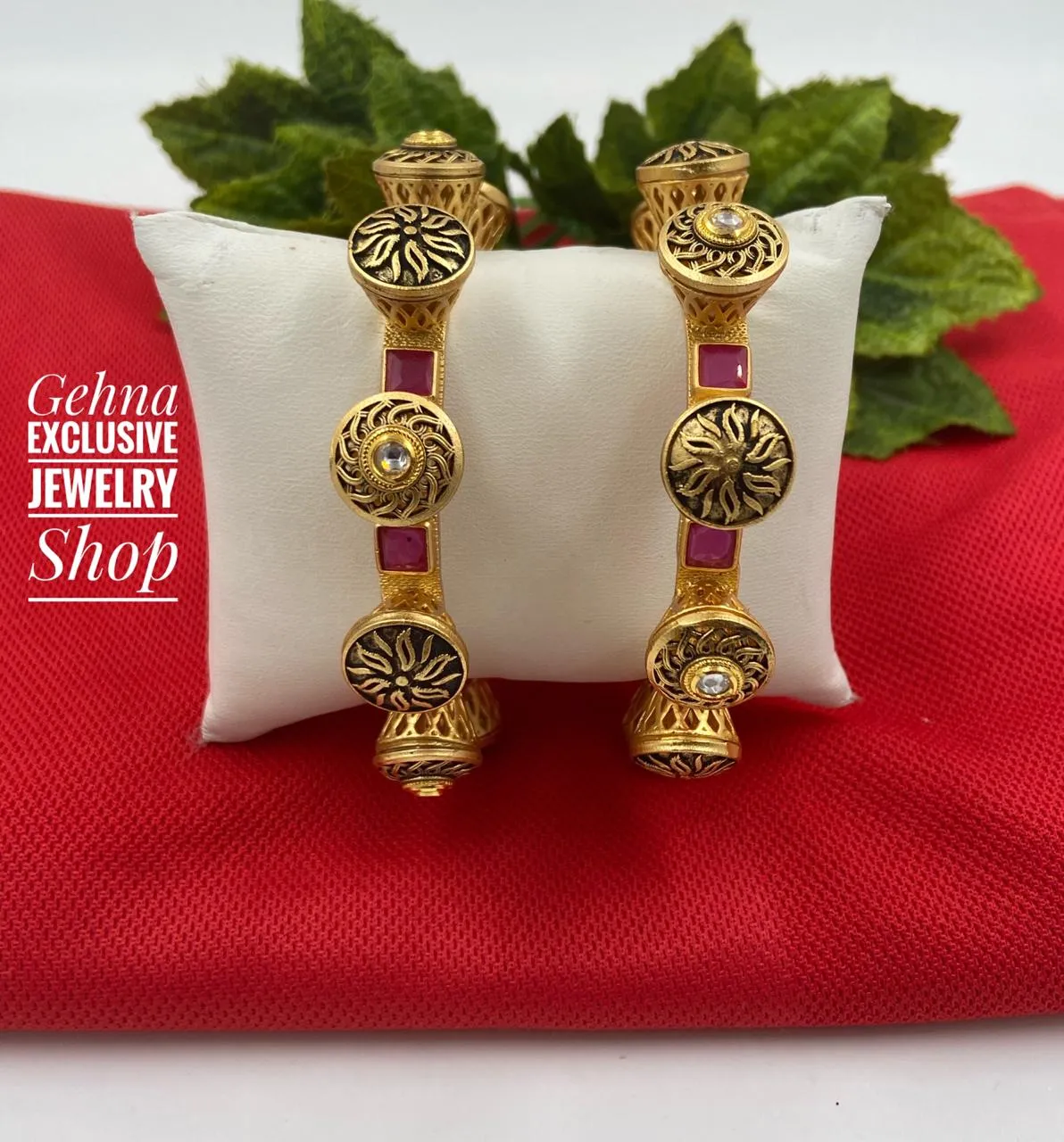 Ethnic Ruby Kundan Antique Golden Pacheli Bangles By Gehna Shop