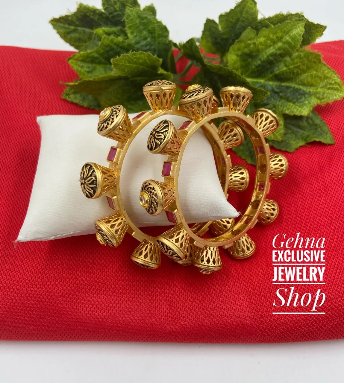 Ethnic Ruby Kundan Antique Golden Pacheli Bangles By Gehna Shop