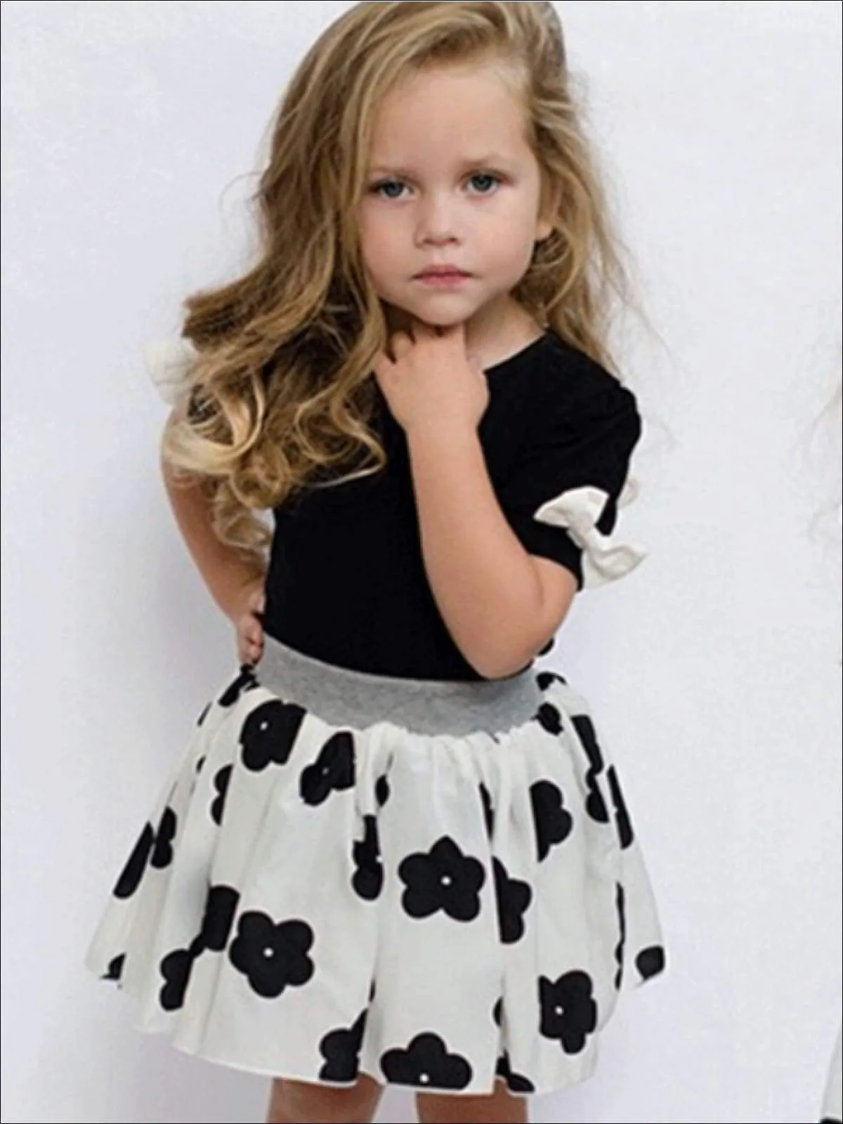 Girls Black Short Sleeve Blouse With White Bow Applique & White Skirt With Black Floral Print