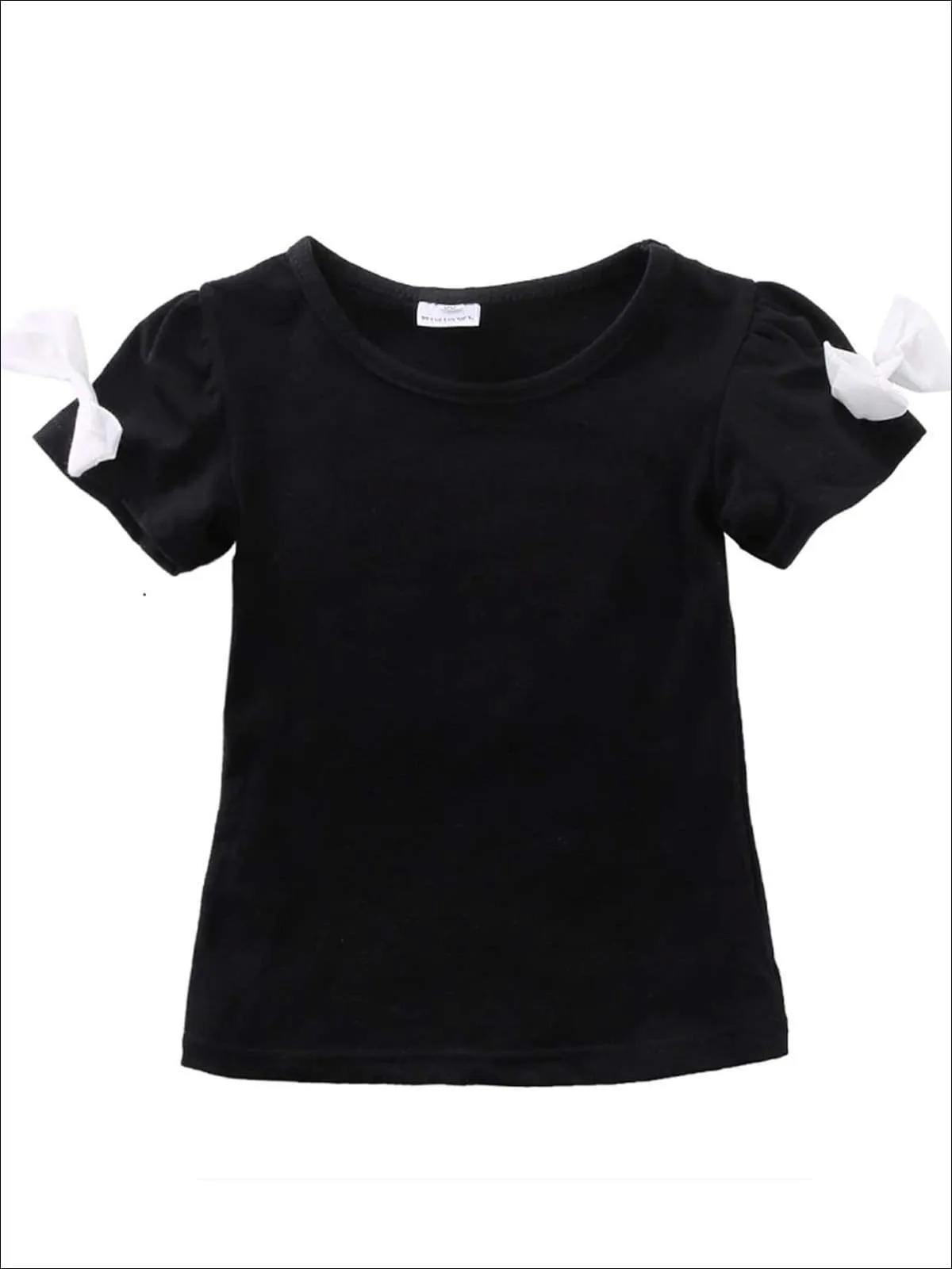 Girls Black Short Sleeve Blouse With White Bow Applique & White Skirt With Black Floral Print