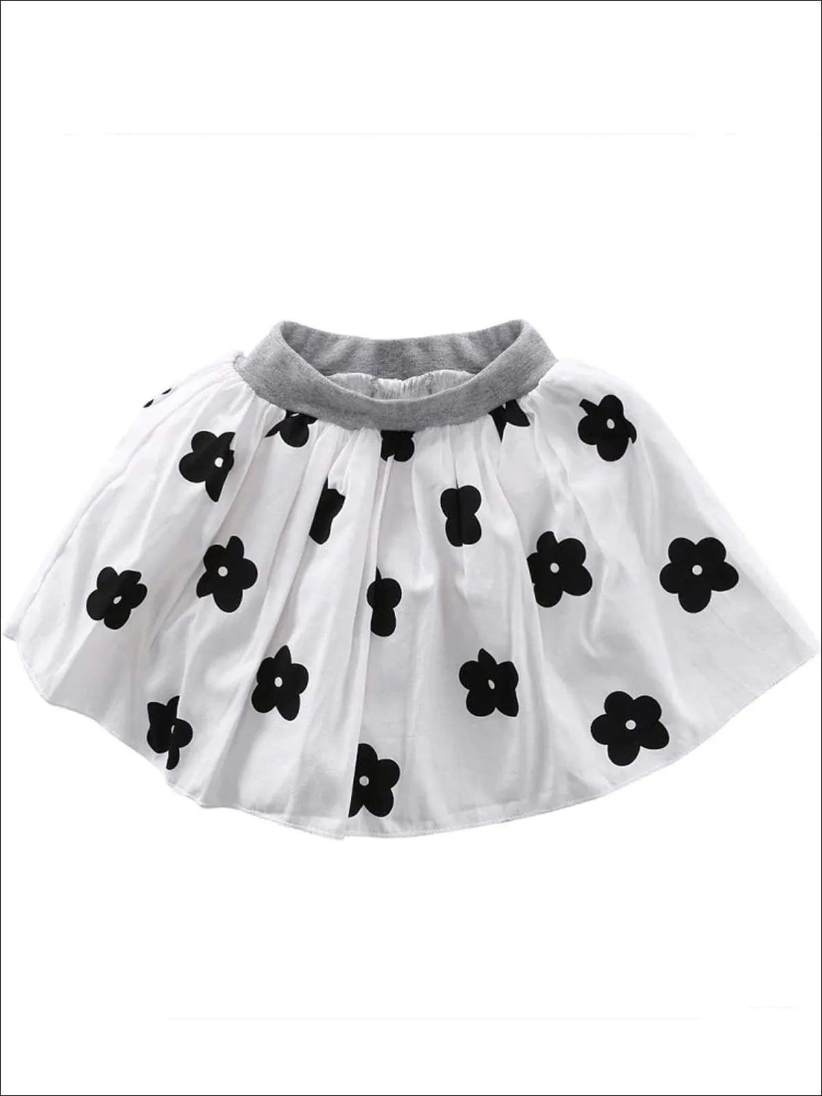 Girls Black Short Sleeve Blouse With White Bow Applique & White Skirt With Black Floral Print