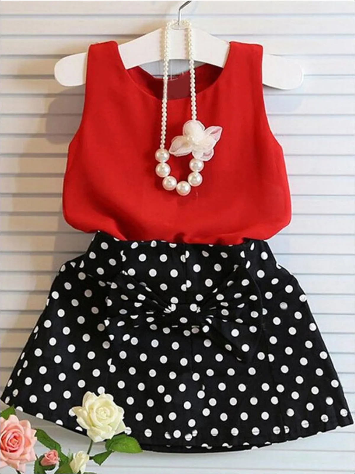 Girls Red Sleeveless Chiffon Top And Polka Dot Bow Skirt Set