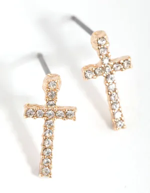 Gold Curved Cross Stud Earrings