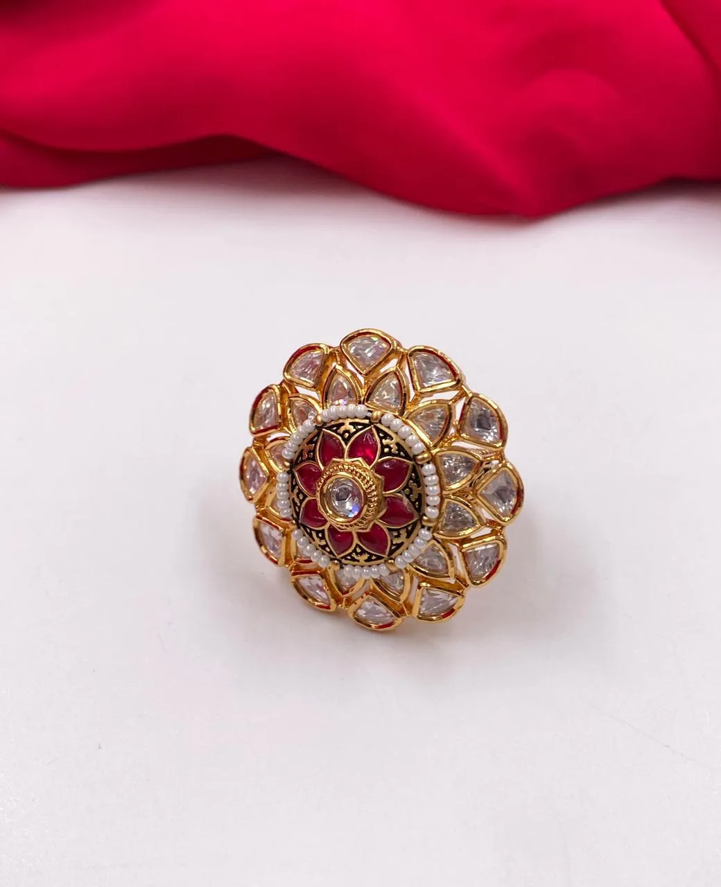 Gold Plated Antique Adjustable Rotating Kundan Finger Ring By Gehna Shop