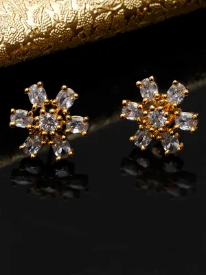 Gold Plated Floral Cubic Zirconia Studded Stud Earrings