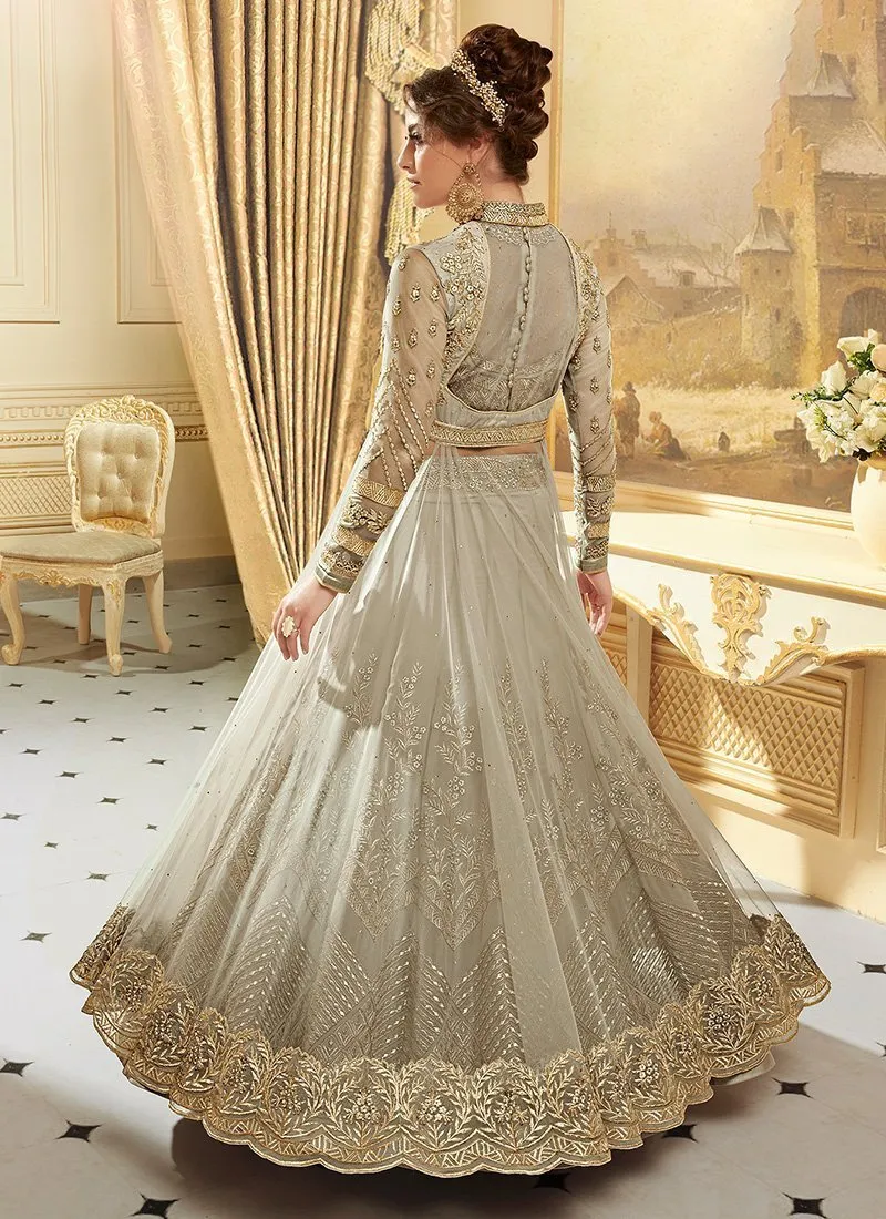 Grayish Beige Net Designer Anarkali Lehenga Suit