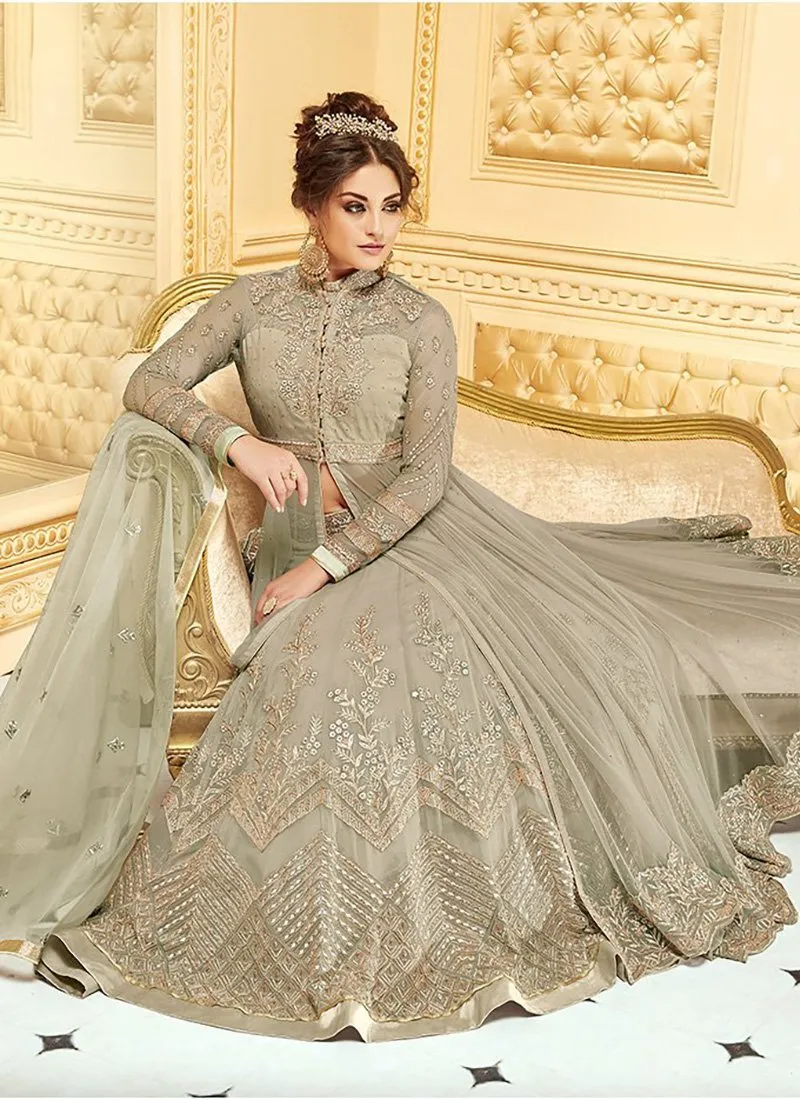 Grayish Beige Net Designer Anarkali Lehenga Suit