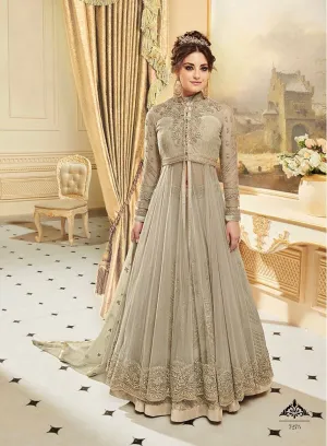 Grayish Beige Net Designer Anarkali Lehenga Suit