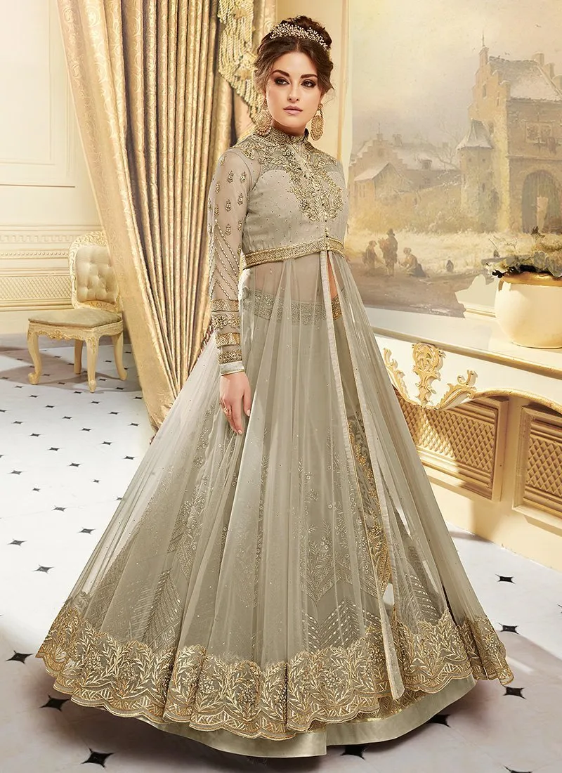 Grayish Beige Net Designer Anarkali Lehenga Suit