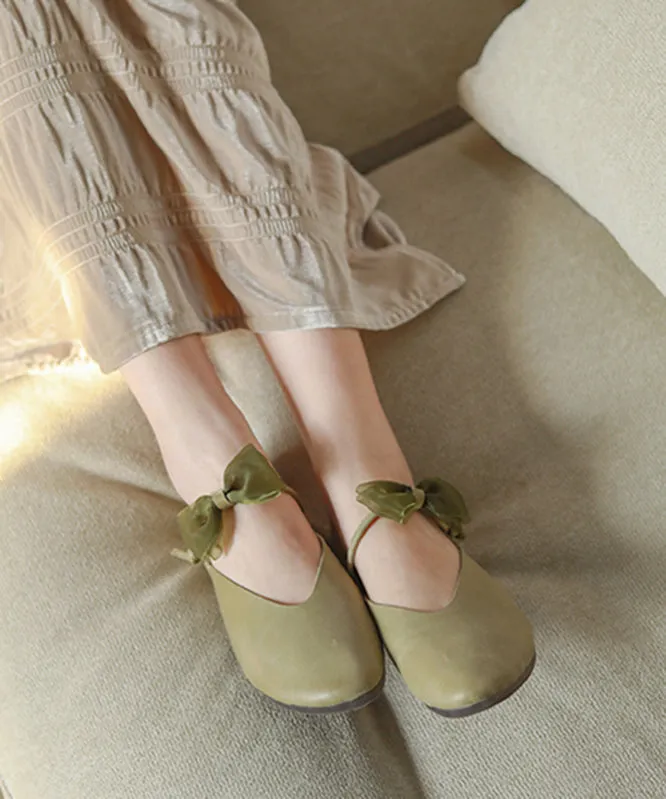 Green Flats Cowhide Leather Fashion Bow Buckle Strap Flats