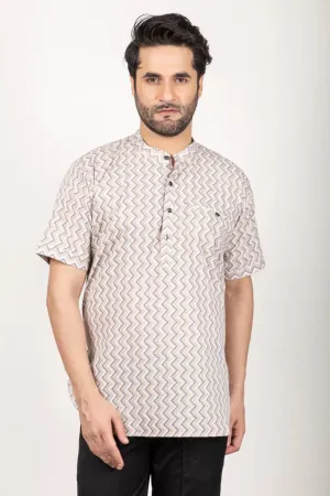 Grey-Colored Short Printed Kurta - 100% Cotton