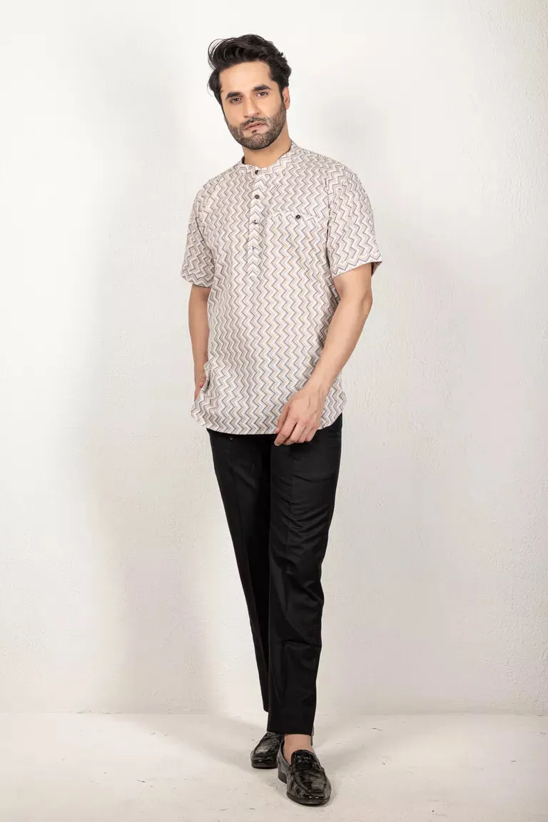 Grey-Colored Short Printed Kurta - 100% Cotton