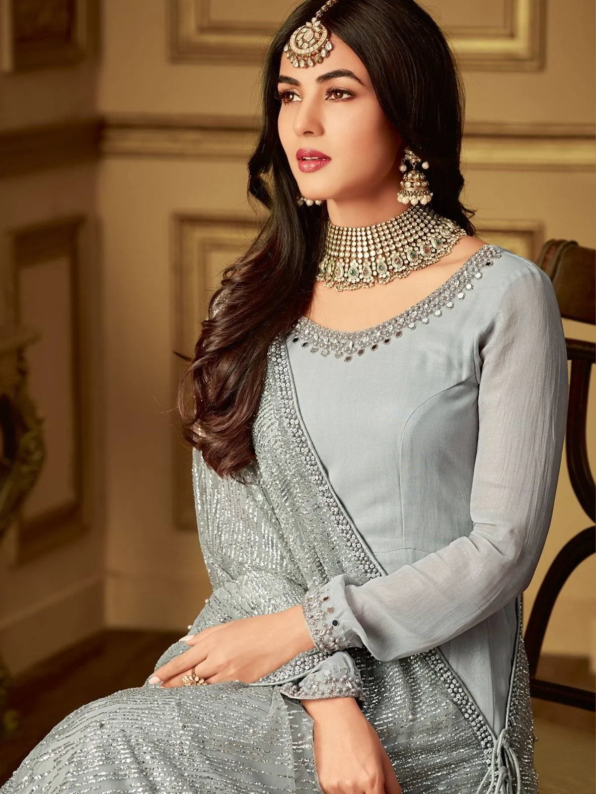 Grey Glammed Minimalist Embroidered Flared Anarkali Suit