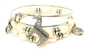 I Love Horses Fresh Water Pearls Expandable Bangle Bracelet Set