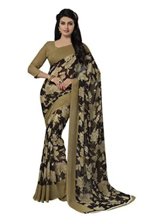 Ishin Faux Georgette Beige &amp; Black Floral Printed Women's Saree.