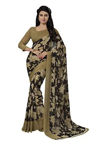 Ishin Faux Georgette Beige &amp; Black Floral Printed Women's Saree.