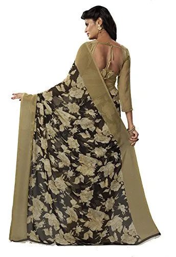 Ishin Faux Georgette Beige &amp; Black Floral Printed Women's Saree.