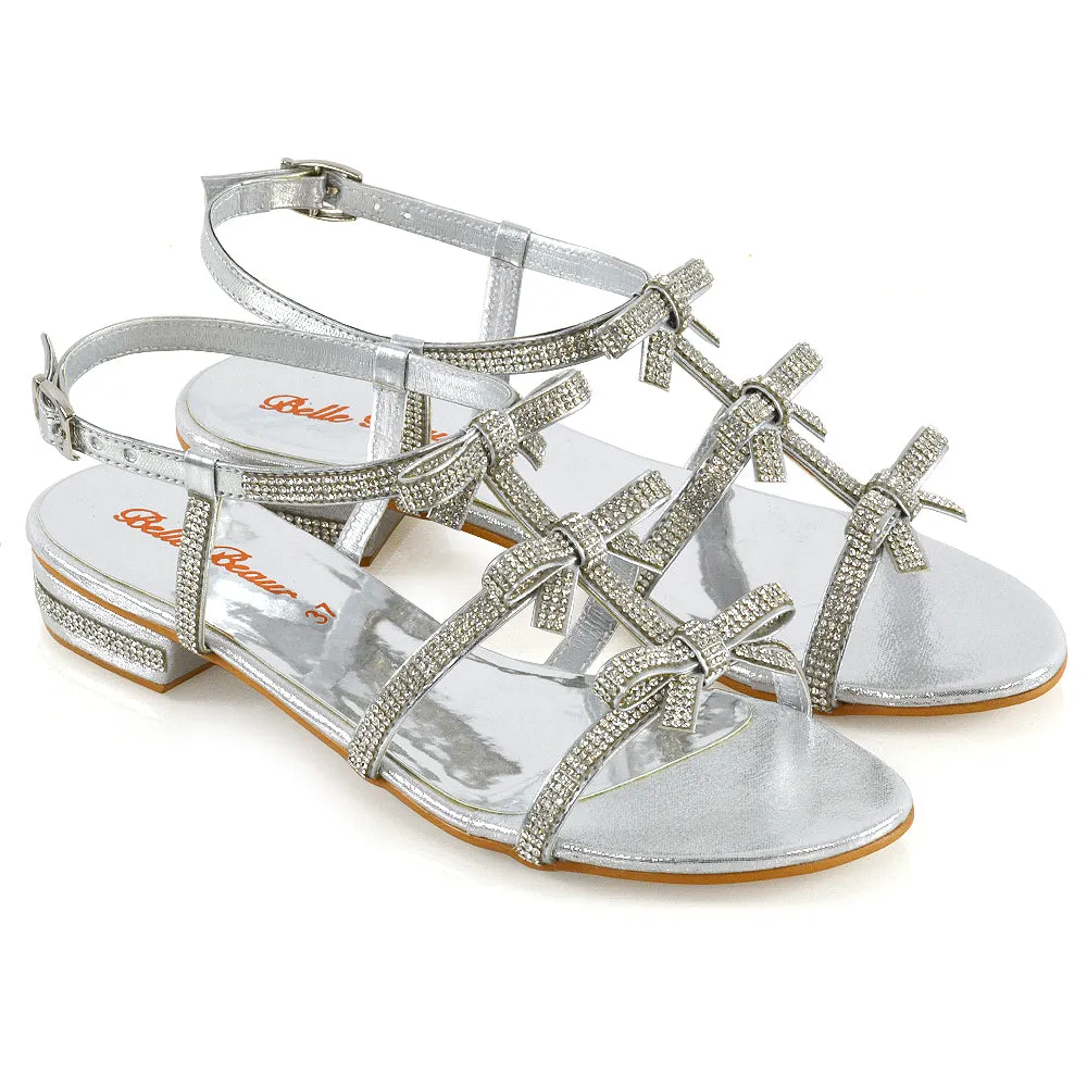 KENZIE LOW BLOCK HEEL BOW DETAIL SPARKLY DIAMANTE ANKLE STRAP FLAT SANDALS IN SILVER