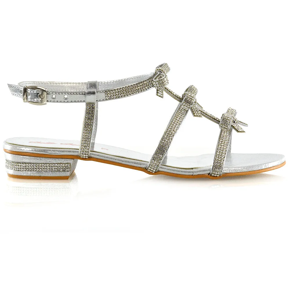 KENZIE LOW BLOCK HEEL BOW DETAIL SPARKLY DIAMANTE ANKLE STRAP FLAT SANDALS IN SILVER