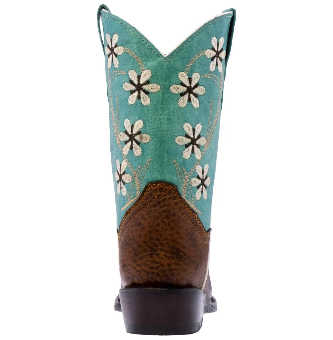 Kids FLR6 Teal Western Cowboy Boots Floral Leather - Snip Toe