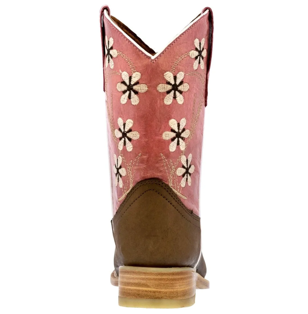 Kids Western Boots Floral Embroidery Leather Pink Cowgirl Square Toe Botas