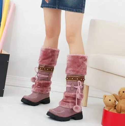 Knee high pom pom snow boots cute winter boots flat heel