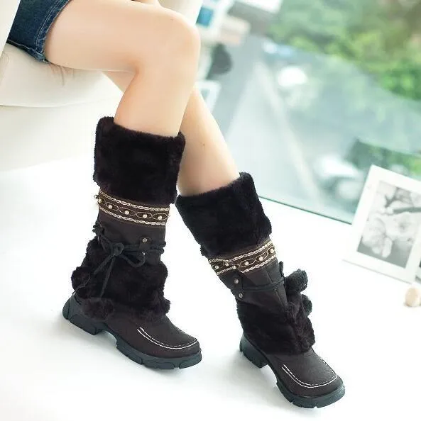 Knee high pom pom snow boots cute winter boots flat heel